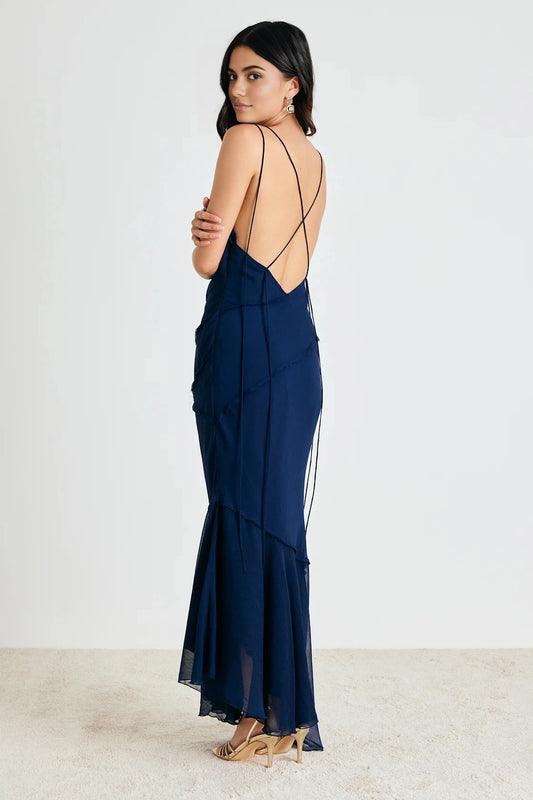 roselledress navy blue flowy bridal gown seamless deep v crisscross lattice tie adjustable open back thin spaghetti textured chiffon fall wedding guest dress back view