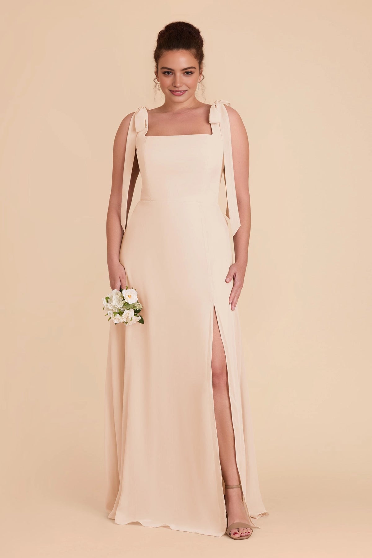 Flowy Chiffon A‑Line Square Neck Tie‑Strap Square‑Back Slit Maxi Plus Size Bridesmaid Dress