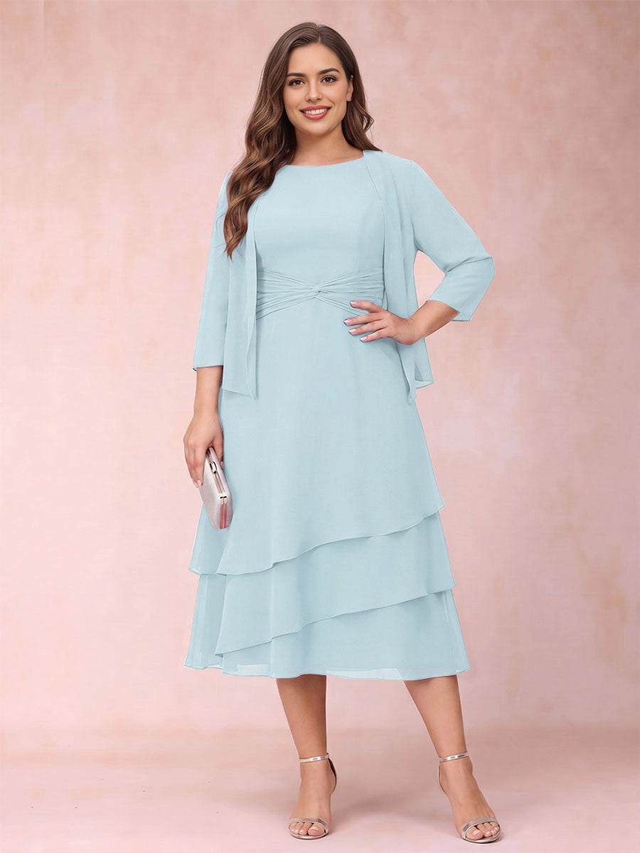Modest A‑Line Round Neck Sleeveless 3/4 Sleeve Jacket Solid Back Tea‑Length Royal Blue Chiffon Plus Size Mother Of The Bride Dress