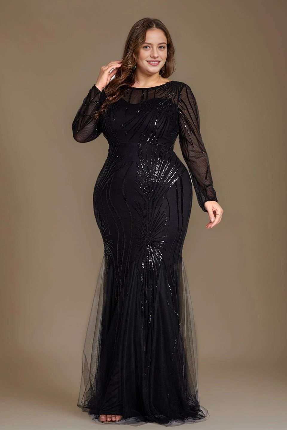 Glam Plus Size Mermaid Round-Neck Long-Sleeve V-Back Train-Length Mother Of Bride Dress