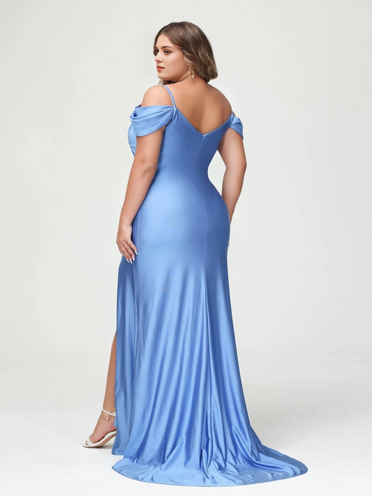 Roselledress curvy formal gown cold shoulder draped sleeve low V back zipper sweep train plus size evening dress side back photo