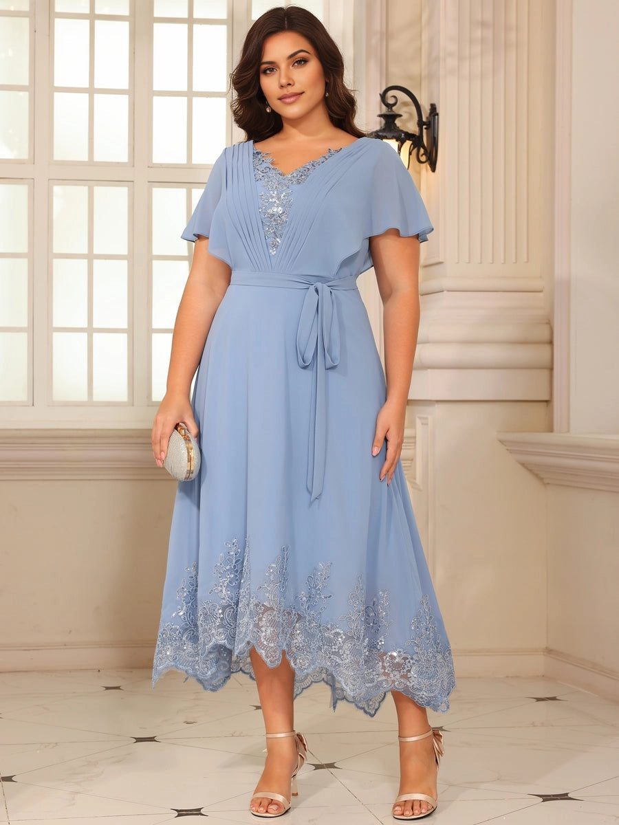 Soft Dusty‑Blue Plus‑Size A‑Line V‑Neck Flutter‑Sleeve Zipper‑Back Midi‑Length Wedding‑Guest Dress