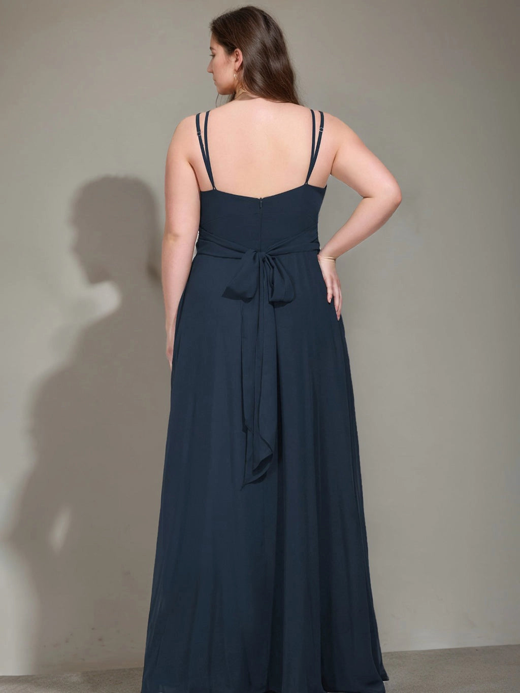 roselledress plus size navy bridesmaid dress bow tie back adjustable double thin straps floor length chiffon evening gown