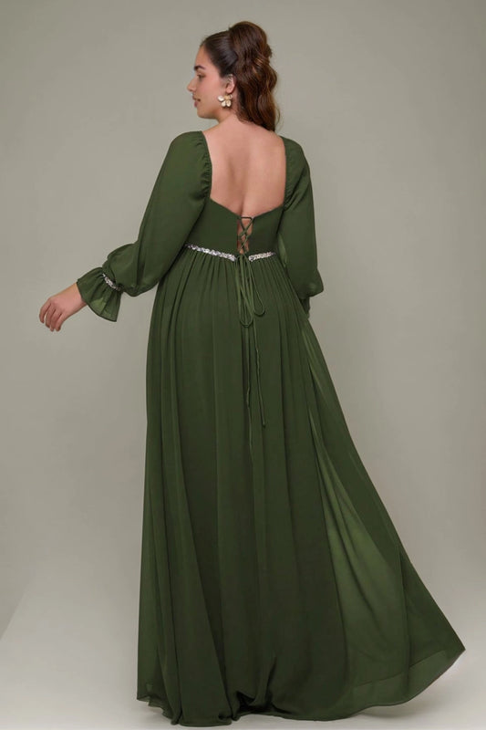 Back view Roselledress olive green plus size chiffon prom dress lace‑up corset back formal maxi gown