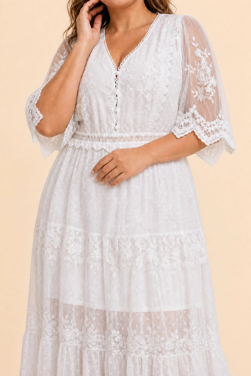 Tiered V-Neck Elbow Sleeve Zip Back Lace Maxi Plus Size Wedding Guest Dress