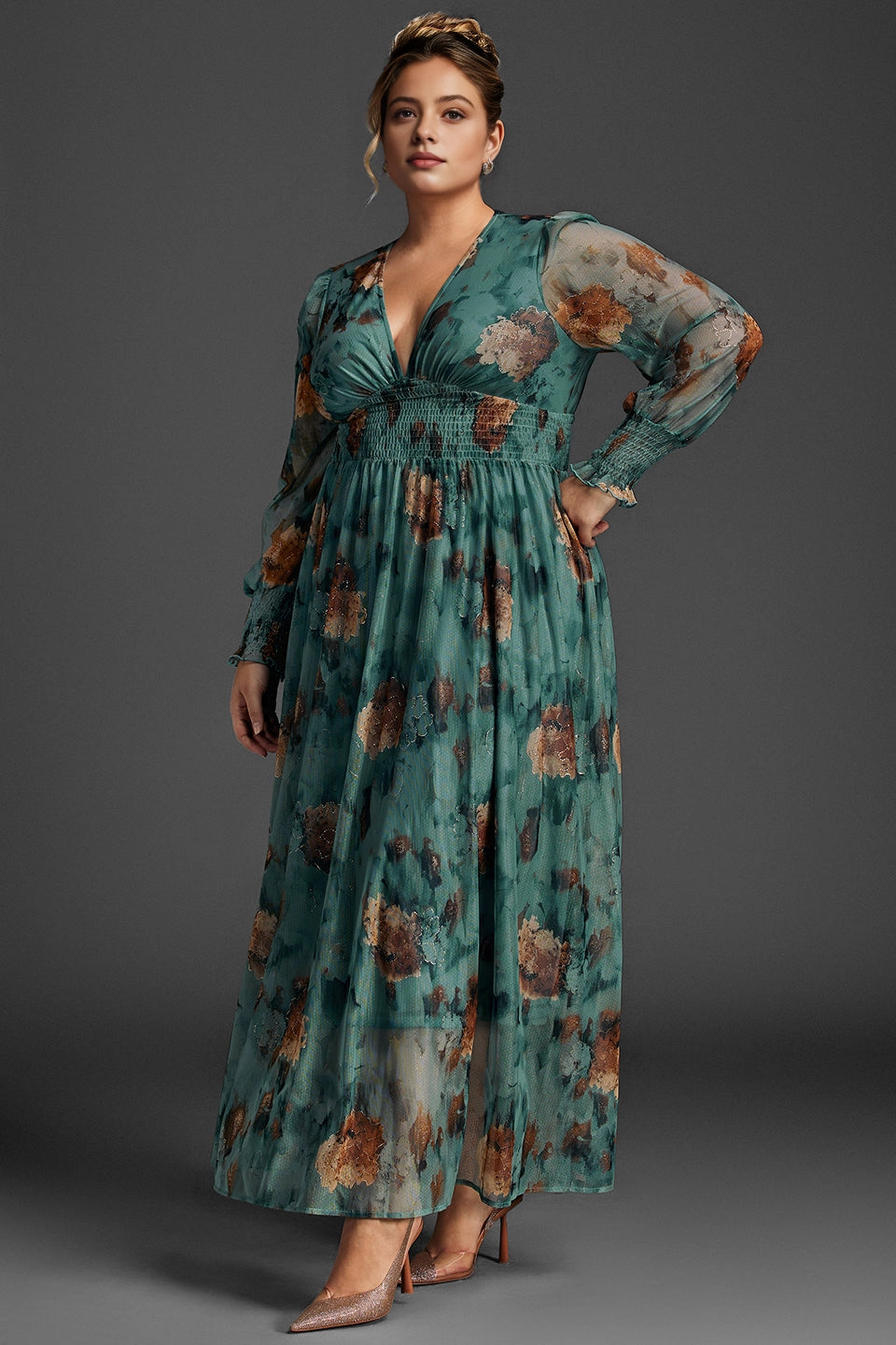 Flowy A-Line Deep V Sheer-Sleeve Plain-Back Midi Plus Size Floral Mother Of Bride Dress