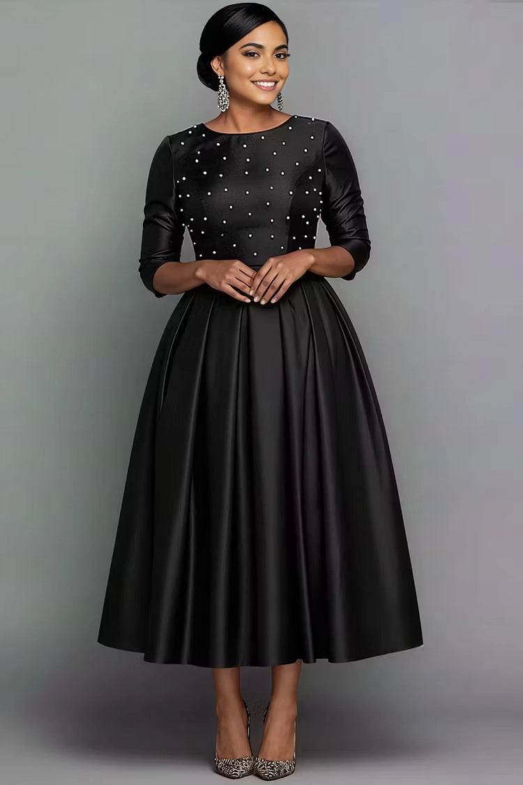 RoselleDress Elegant A-Line Round Neck Back Zipper Beaded Satin With Pockets Plus Size Prom Dress