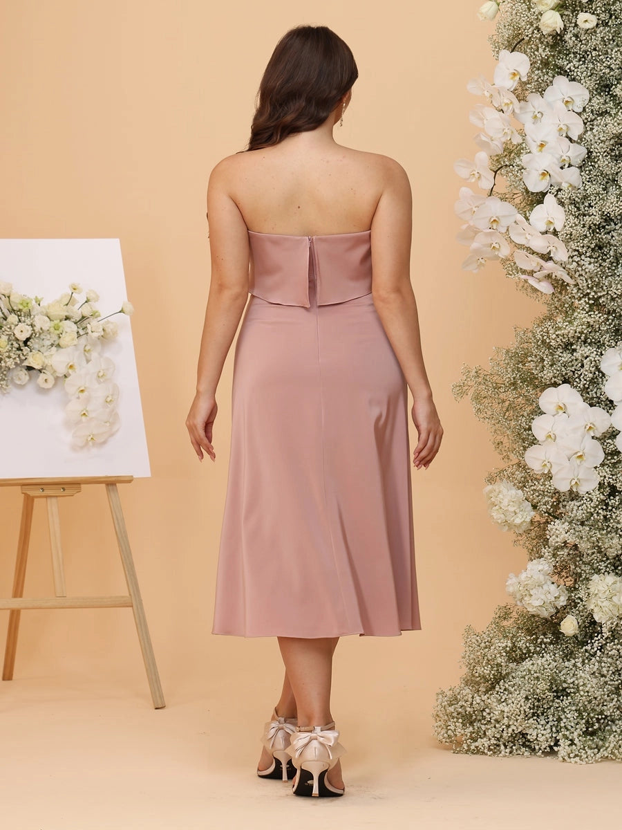 Back view roselledress strapless zip‑back ruffle overlay satin midi‑length plus size evening cocktail gown