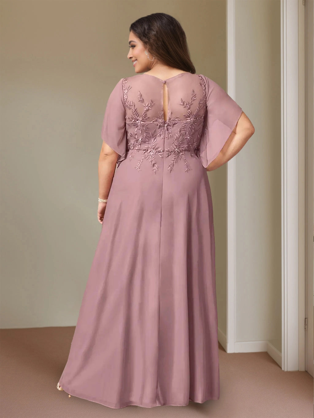 Back view RoselleDress mauve chiffon plus size formal dress sheer keyhole back embroidered floor length mother gown