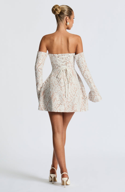 FitFlare ALine Strapless LongSleeve LaceUpBack Mini homecoming dress
