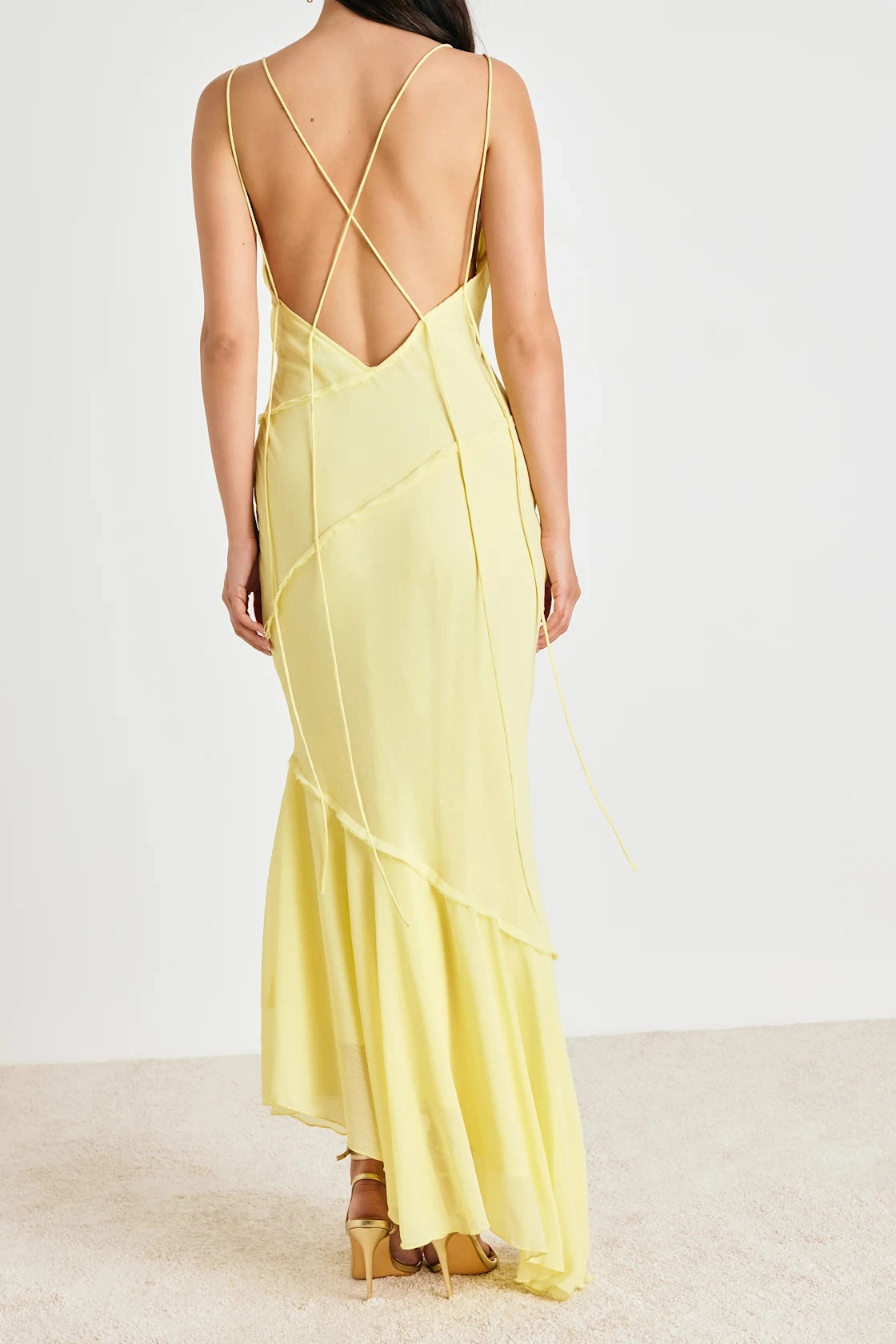Flowy Mermaid Spaghetti Crisscross Back Ruffled Long Prom Dress