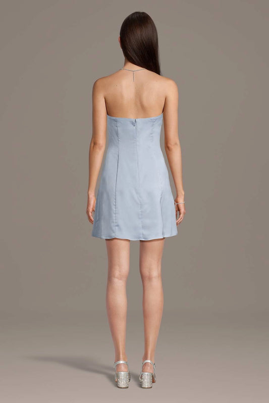 roselledress light blue satin mini dress seamless plain full open back center invisible zipper wedding guest dress back shot