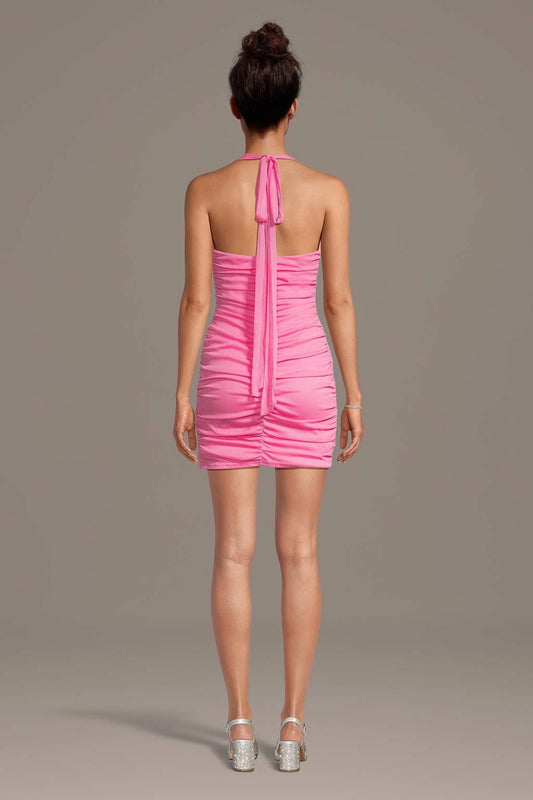 roselledress bright pink mini dress wide seamless open back long self tie halter ribbon all-over waist ruching party dress back view