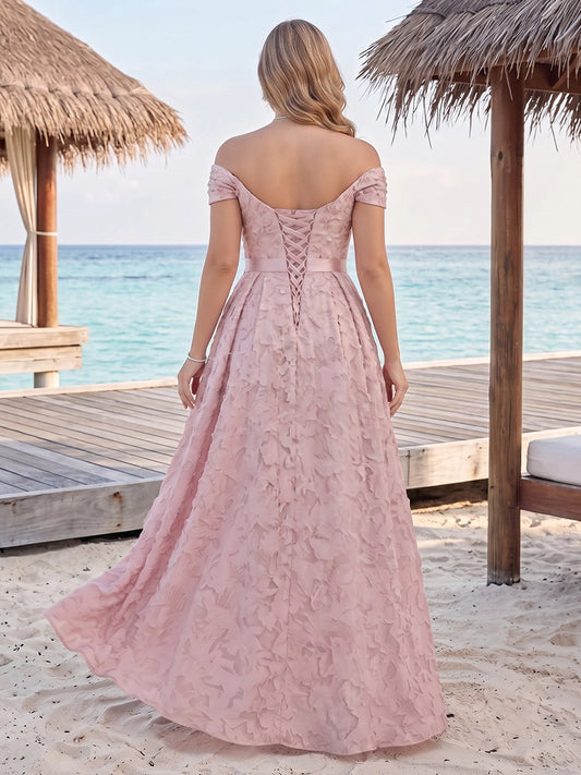 Roselledress dusty pink a-line bridesmaid dress back view, corset lace-up back off shoulder plus size formal wedding long dress