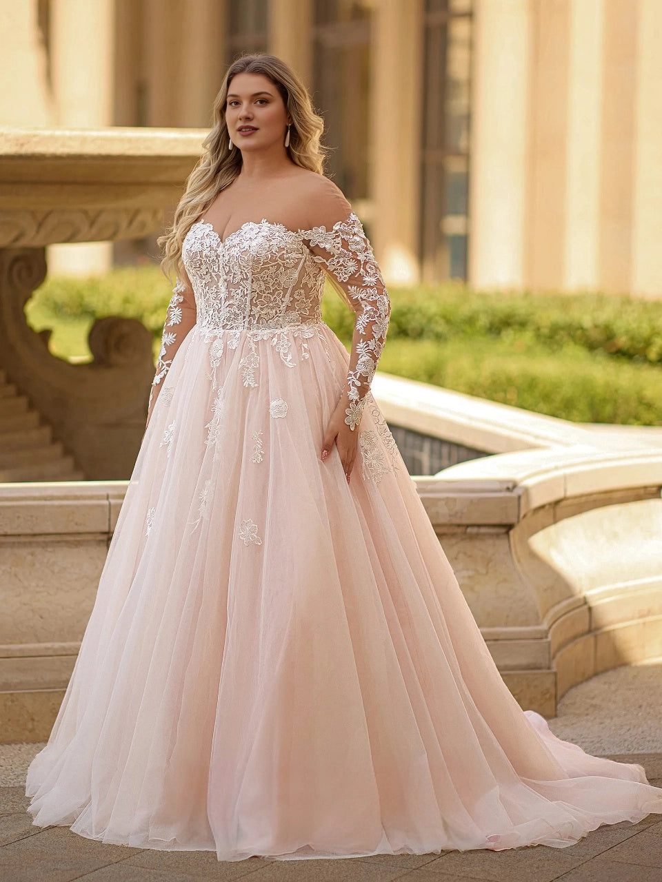 Romantic A-Line Sweetheart Long Sleeve Illusion V-Back Plus Size Wedding Dress