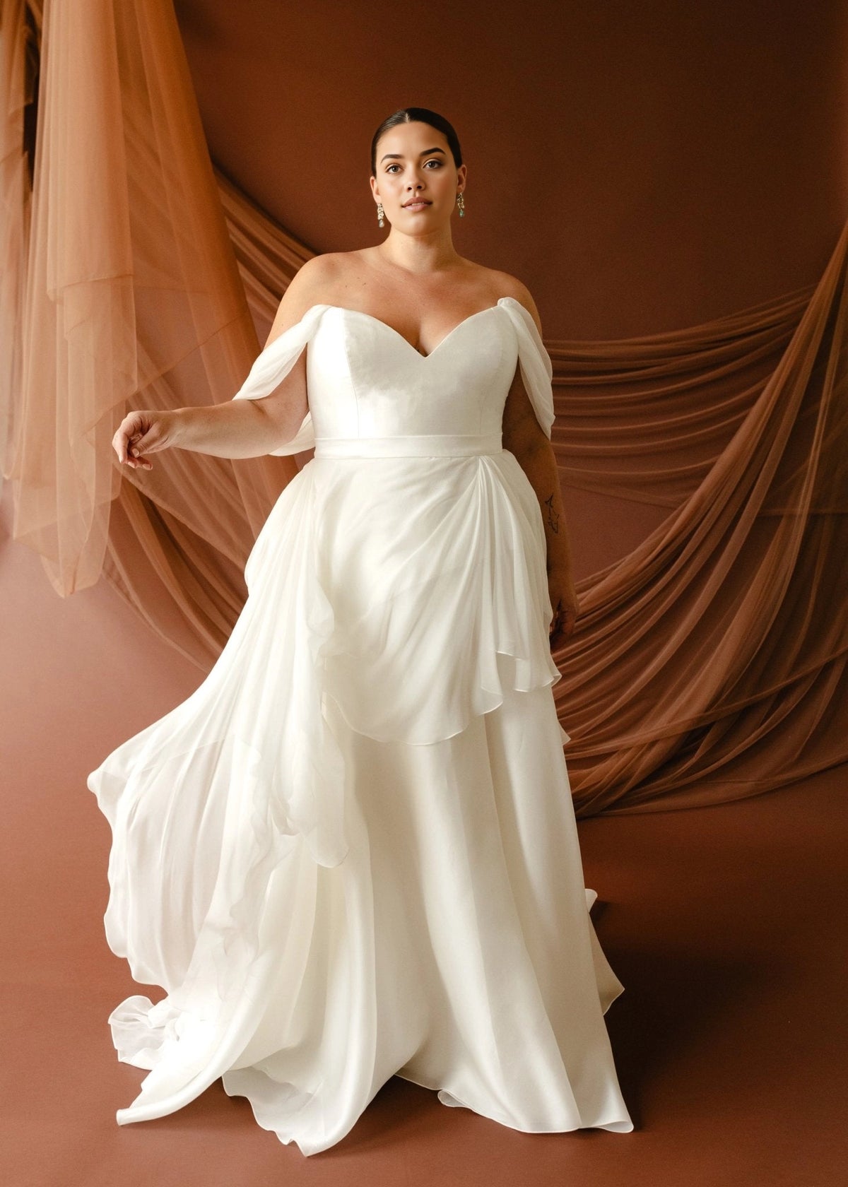 Romantic A-Line Sweetheart Off-Shoulder Button Back Plus Size Wedding Dress