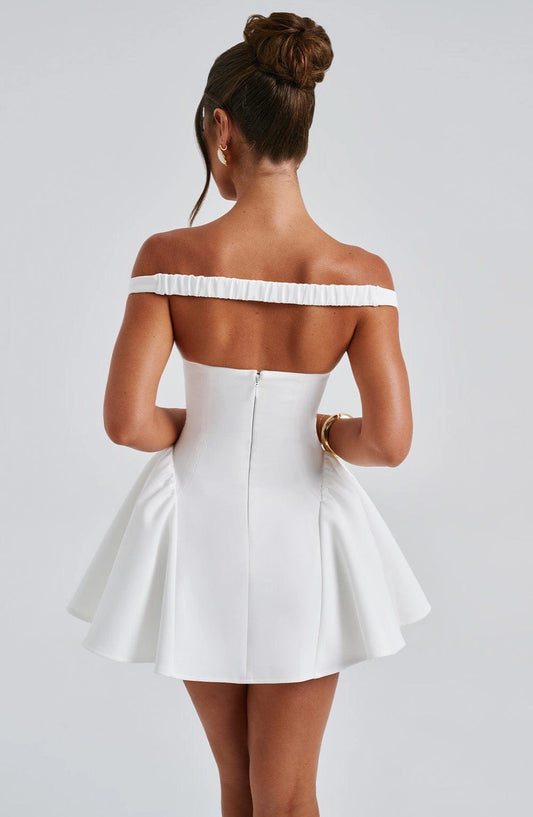 RoselleDress white off shoulder open back corset mini cocktail dress back view