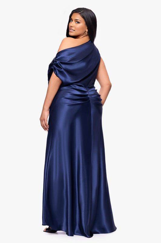 Navy blue plus size mother of the bride dress with asymmetric draped shoulder, gathered back waist and flowing satin-look floor-length skirt