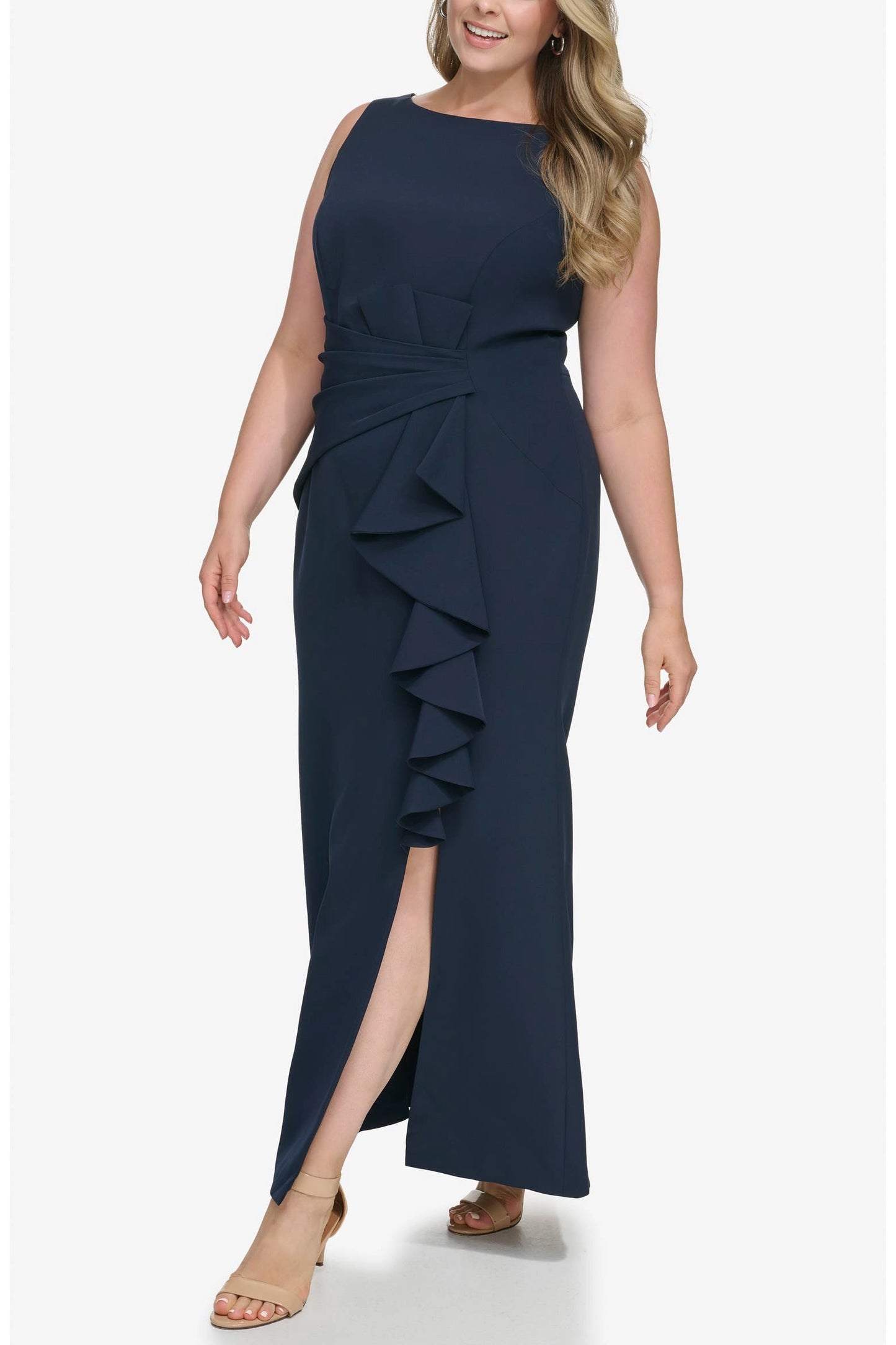 roselledress navy blue plus size boat neck sleeveless maxi dress cascading ruffle front slit elegant mother of bride dress front view