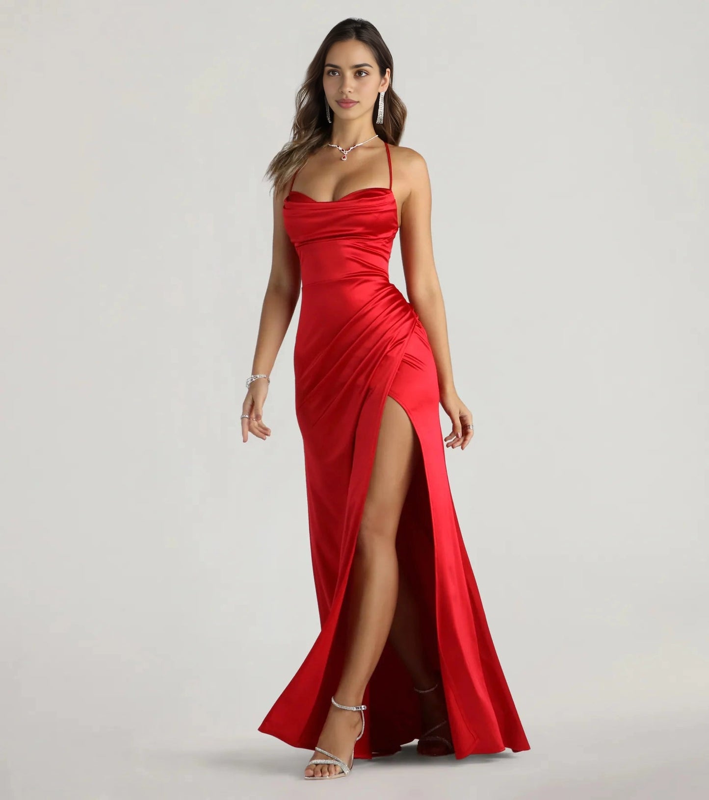 Slim Maxi Spaghetti Lace-Up Back Ruched Long Prom Dress