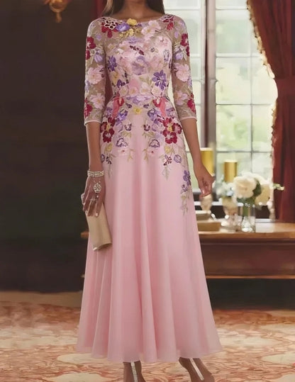 roselledress pink floral embroidery a line mother of the bride dresses front view bateau neck three quarter sleeve sheer mesh floor length garden wedding chiffon gown