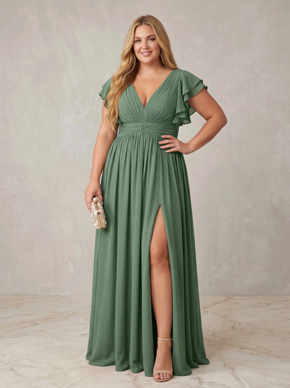 roselledress sage green chiffon plus size prom dress, ruffle short sleeve high slit long formal gown