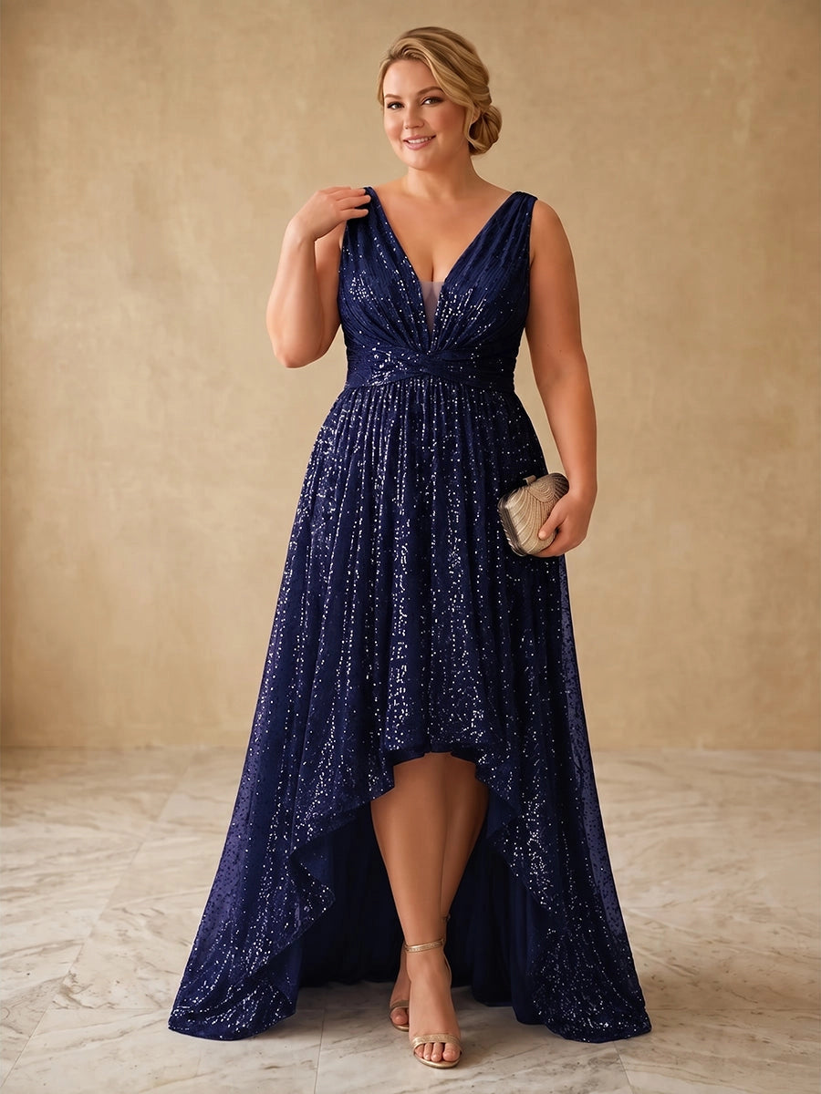  RoselleDress navy sequin sleeveless deep v‑neck high‑low plus size prom dress