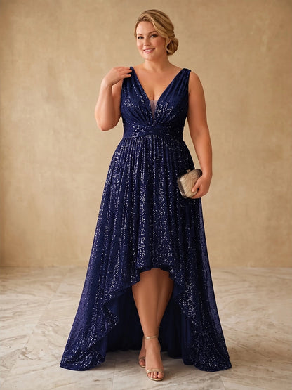  RoselleDress navy sequin sleeveless deep v‑neck high‑low plus size prom dress