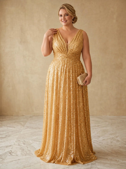 RoselleDress shimmer gold sequin sleeveless deep v‑neck floor‑length plus‑size prom dress