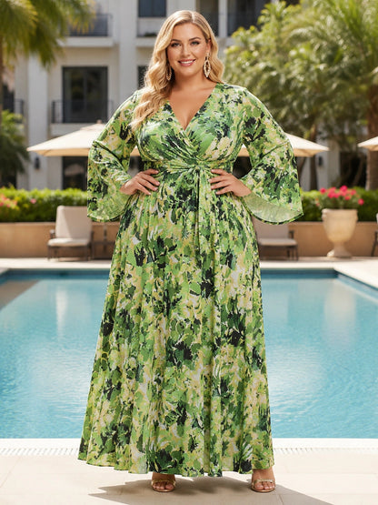  RoselleDress green foliage‑print v‑neck bell‑sleeve wrap‑waist plus‑size floor‑length prom dress