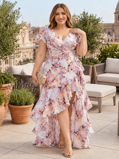 RoselleDress watercolor floral V‑neck flutter‑sleeve ruffle hi‑low plus‑size prom dress