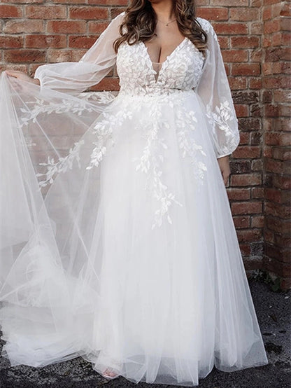 roselledress boho plus‑size a‑line deep v puff sleeve lace tulle wedding dress front view