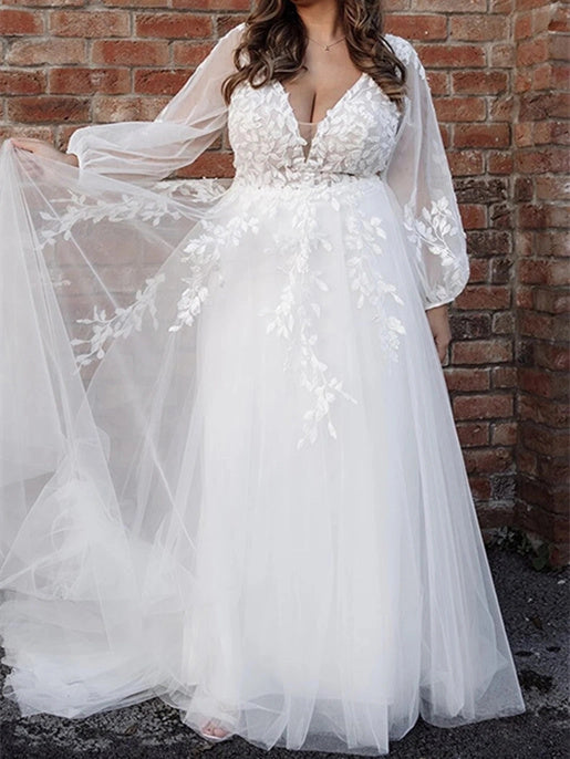 roselledress boho plus‑size a‑line deep v puff sleeve lace tulle wedding dress front view