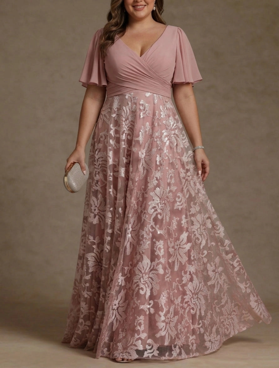 roselledress deep v zipper back dusty pink lace maxi dress plus size curvy mother of the bride formal wear back view