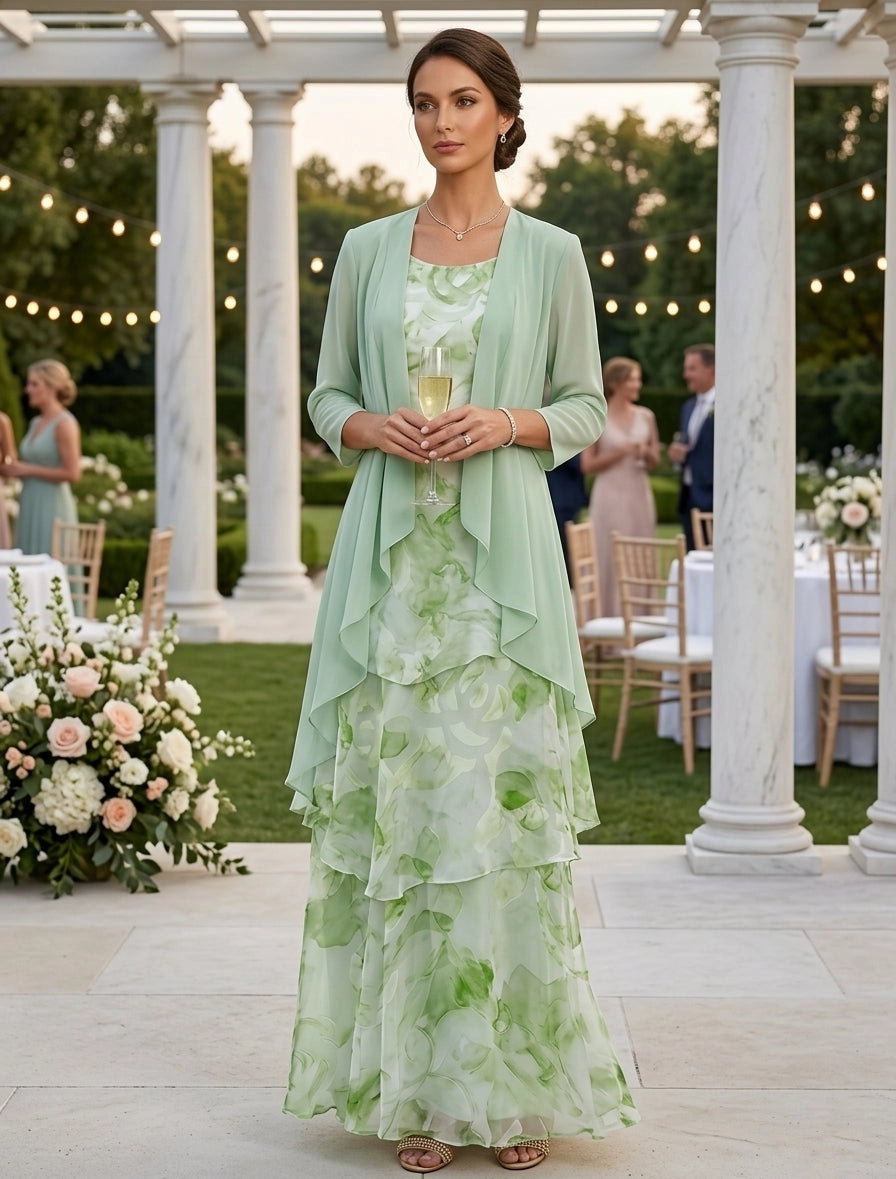 roselledress green watercolor floral chiffon two piece mother of the bride dresses front view round neck a line floor length gown with open cardigan