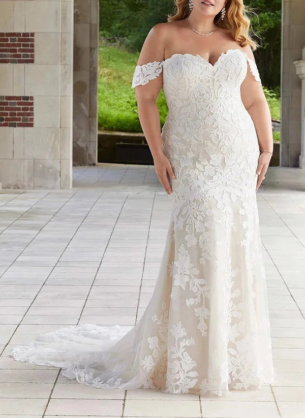 roselledress plus size mermaid off‑shoulder sweetheart full lace wedding dress front view