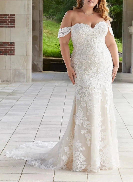 roselledress plus size mermaid off‑shoulder sweetheart full lace wedding dress front view