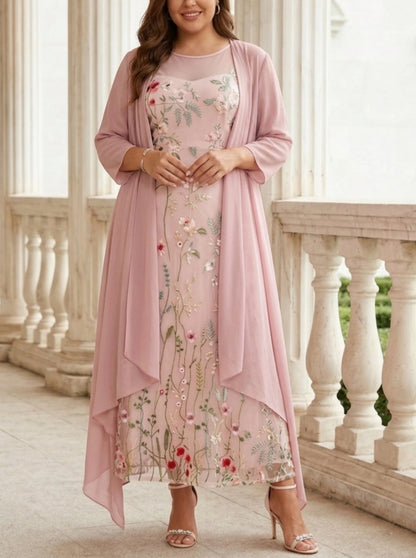Soft A-Line Round Neck Three-Quarter-Sleeve Closed-Back Floor-Length Mother of the Bride Dresses