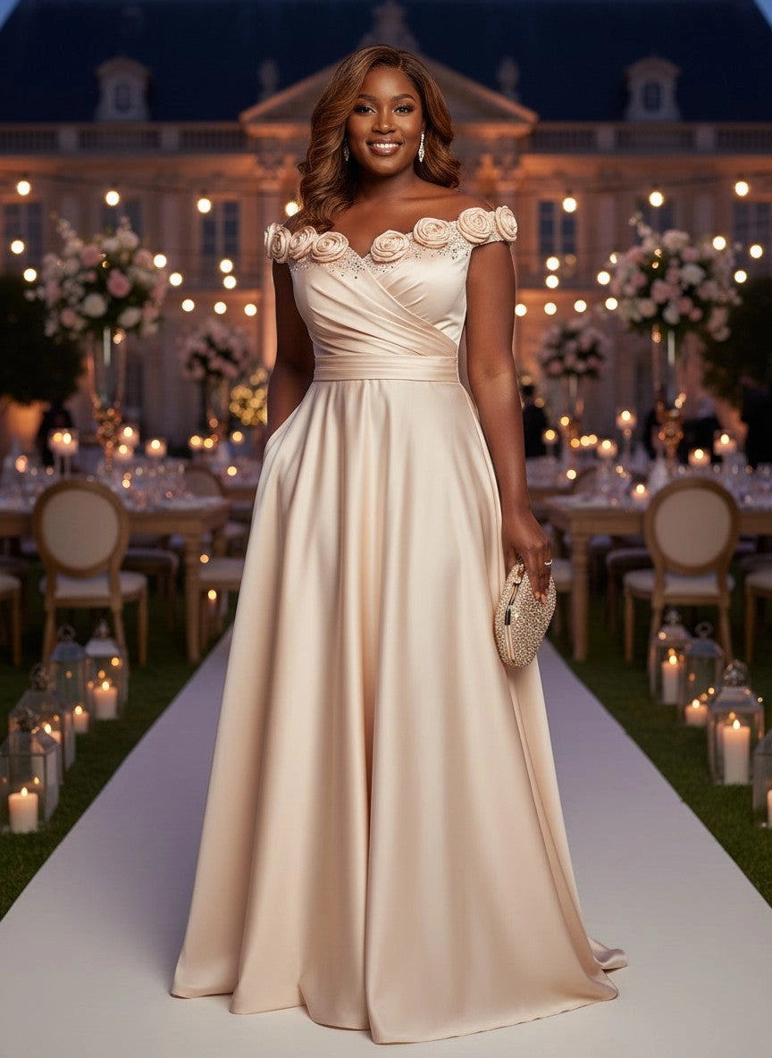 RoselleDress champagne‑gloss satin off‑shoulder 3D‑rose embellished A‑line long plus‑size prom dress with side pockets