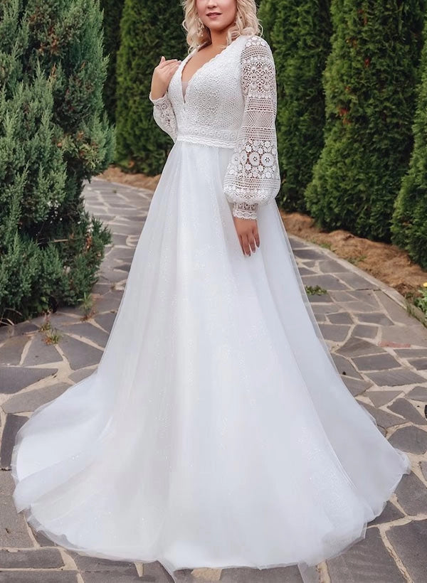 roselledress boho plus‑size a‑line deep v crochet lace bell sleeve wedding dress front view