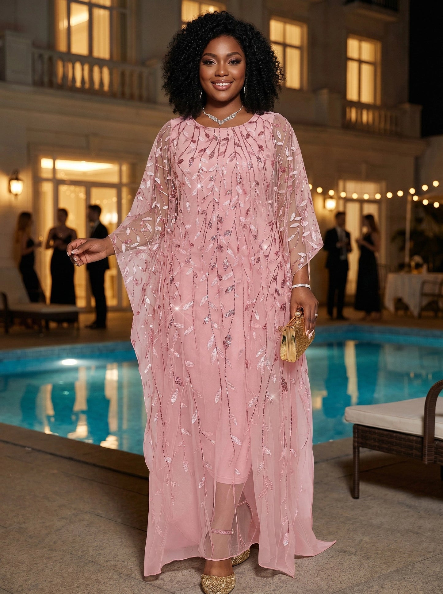 roselledress pink leaf‑beaded mesh plus‑size prom dress round neck sheer cape sleeves