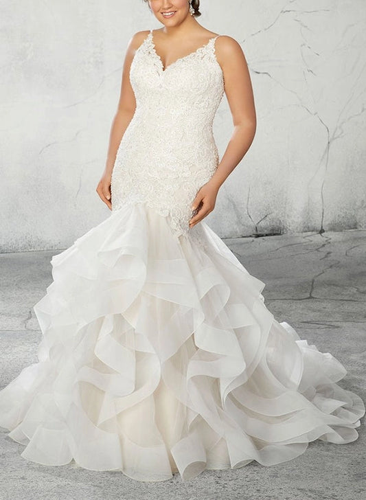 roselledress plus‑size mermaid spaghetti strap v‑neck lace ruffle tulle wedding dress front view
