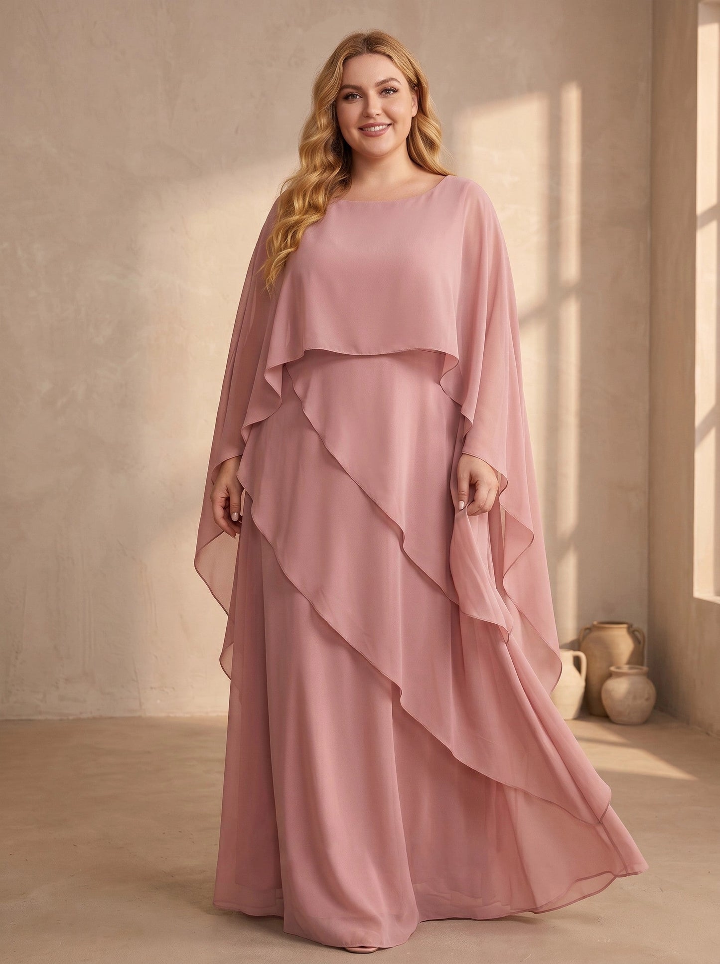roselledress dusty pink chiffon a‑line plus‑size prom dress boat neck layered cape sleeves