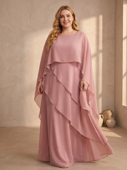 roselledress dusty pink chiffon a‑line plus‑size prom dress boat neck layered cape sleeves