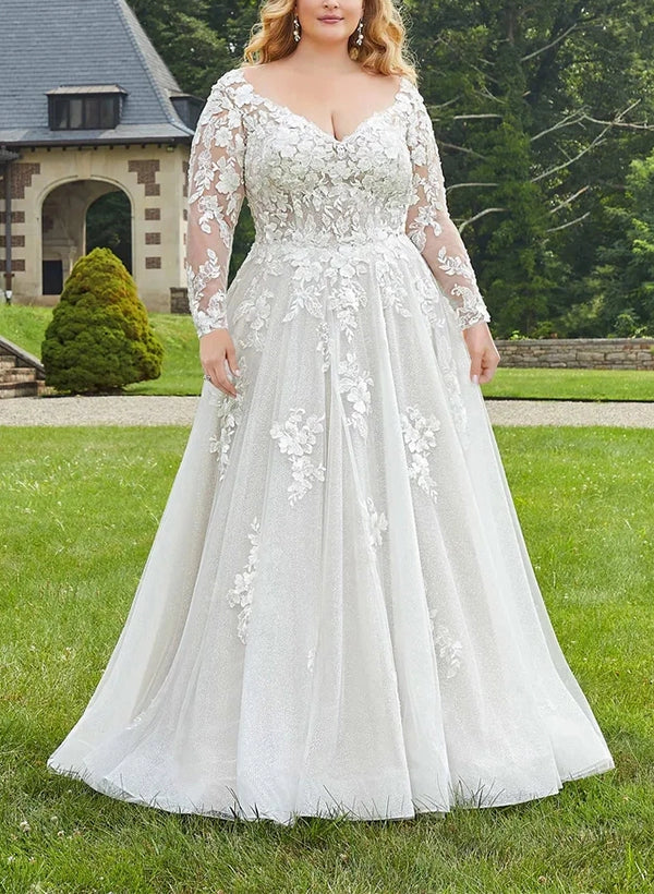roselledress plus‑size a‑line v neck sheer long sleeve 3d floral lace wedding dress front view