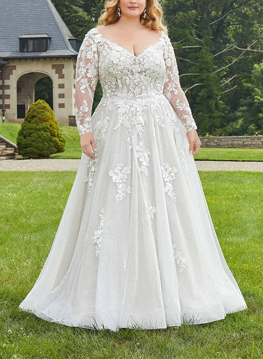 roselledress plus‑size a‑line v neck sheer long sleeve 3d floral lace wedding dress front view