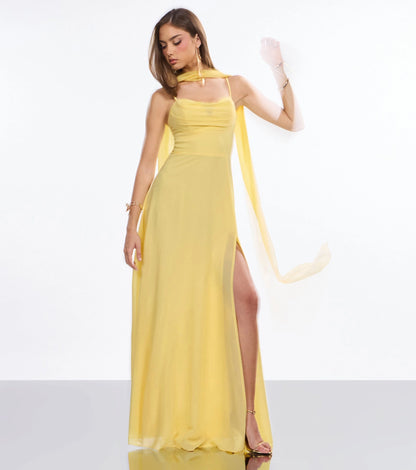 Plum Chiffon A-Line Cowl Sleeveless Lace Up Streamer Back Maxi  Prom Dress