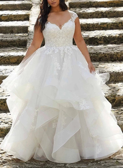 roselledress plus size sweetheart cap sleeve layered tulle ball gown wedding dress front view