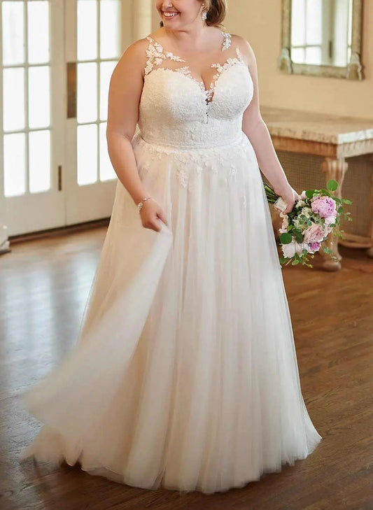 roselledress plus‑size a‑line sweetheart neck lace strap soft tulle wedding dress front view