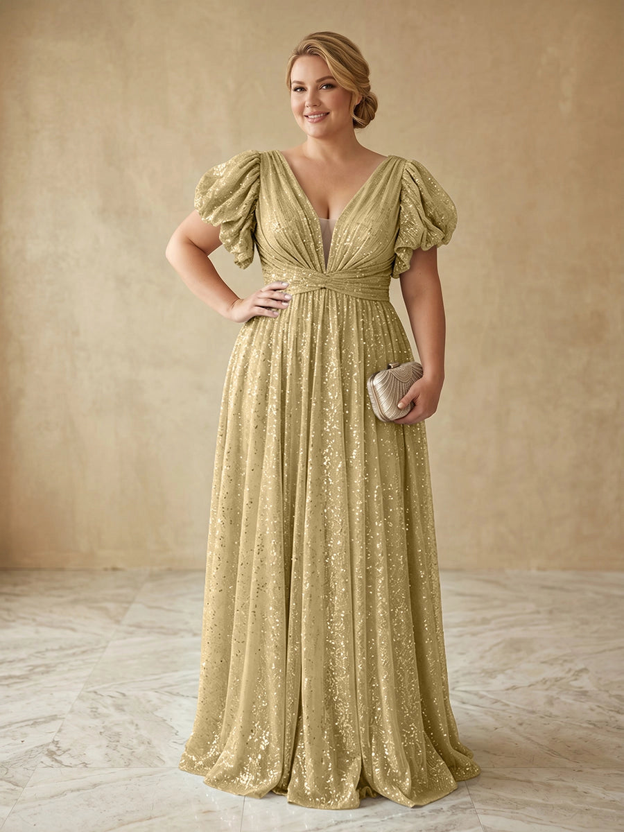 Glam A‑Line V‑Neck Puff‑Sleeve Deep‑Back Floor‑Length Plus Size Prom Dress